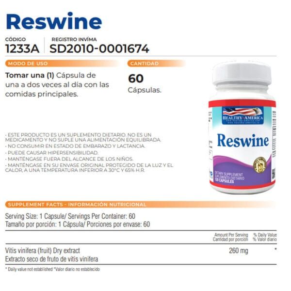 Resveratrol Reswine (60 Capsulas) - Imagen 2